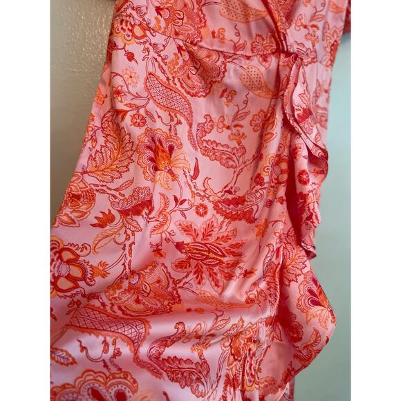 Cinq à Sept faux-wrap-front bodice ruffled hem dress Kay satin midi-dress size 4 - Picture 8 of 10